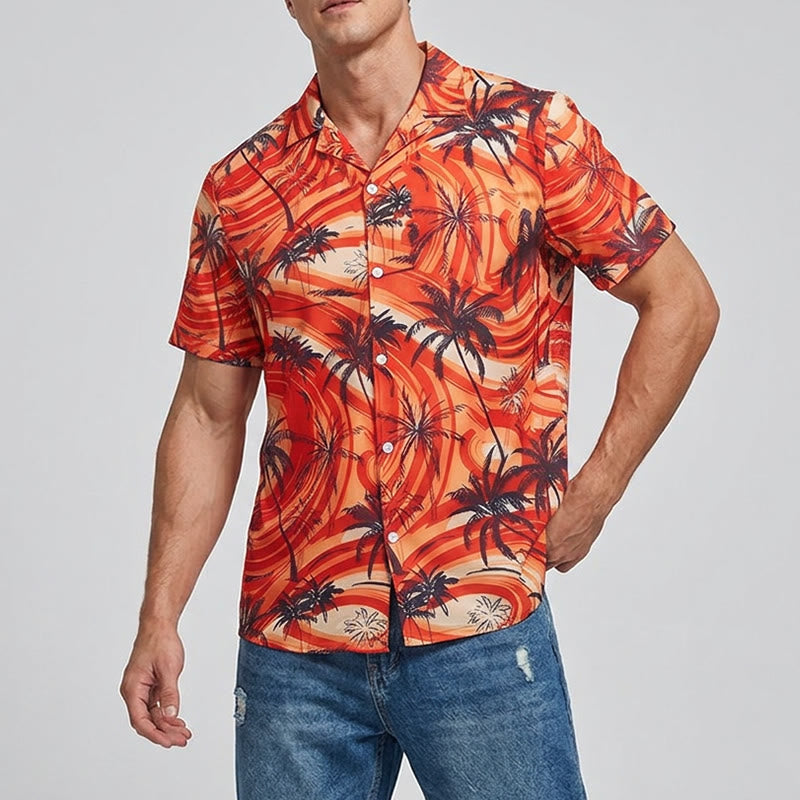 Men's Orange Wave Palm Tree Summer Beach Casual Shirt - image 1