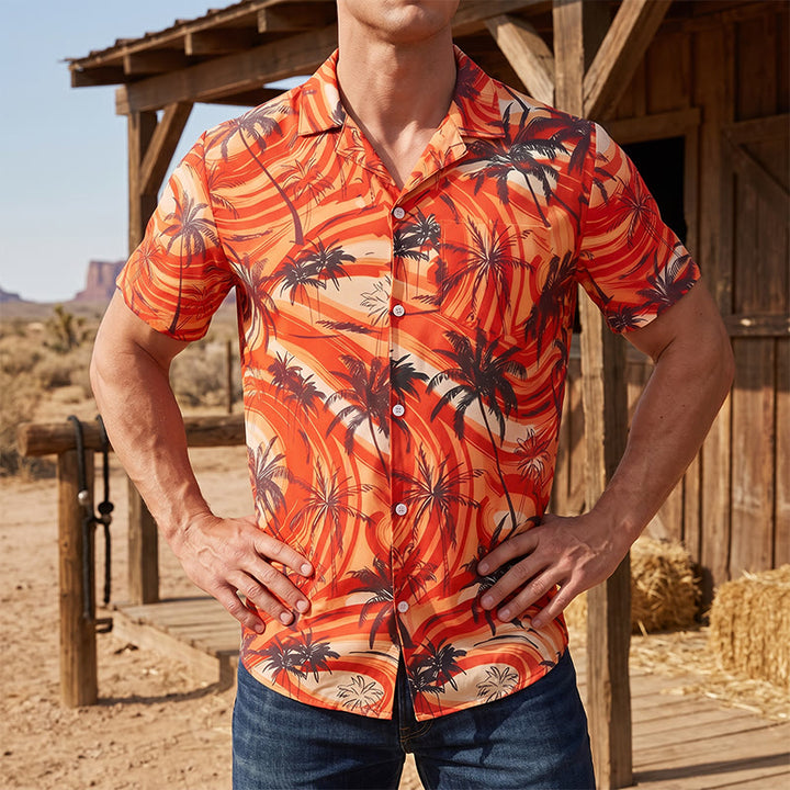 Men's Orange Wave Palm Tree Summer Beach Casual Shirt - Orange - 5XL - image 0