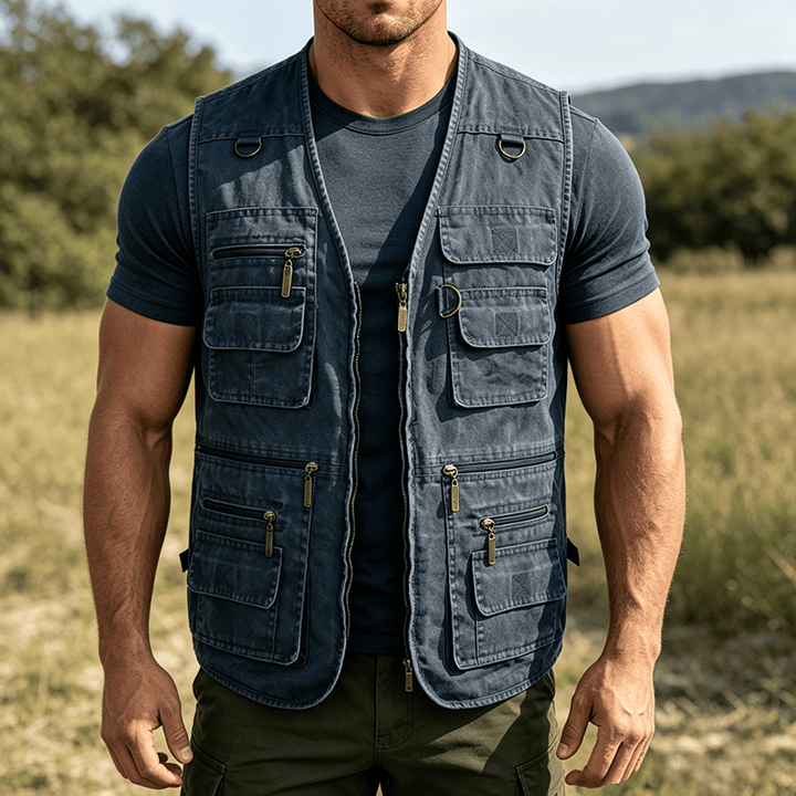 Men's Washed Canvas Outdoor Vest With Multiple Zipper Pockets - Dark Blue - 7XL - image 5