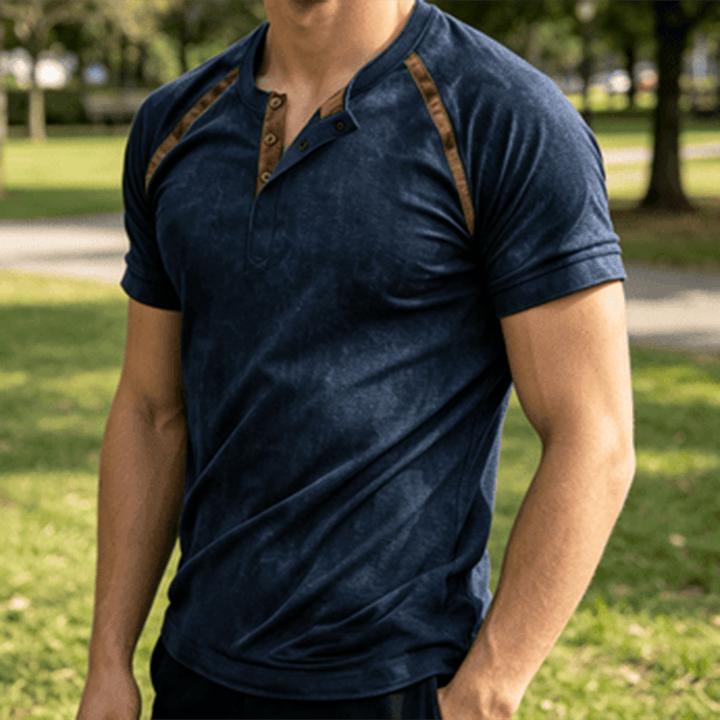 Men's Vintage Washed Summer Casual Henley Shirt - Navy Blue - 5XL - image 4