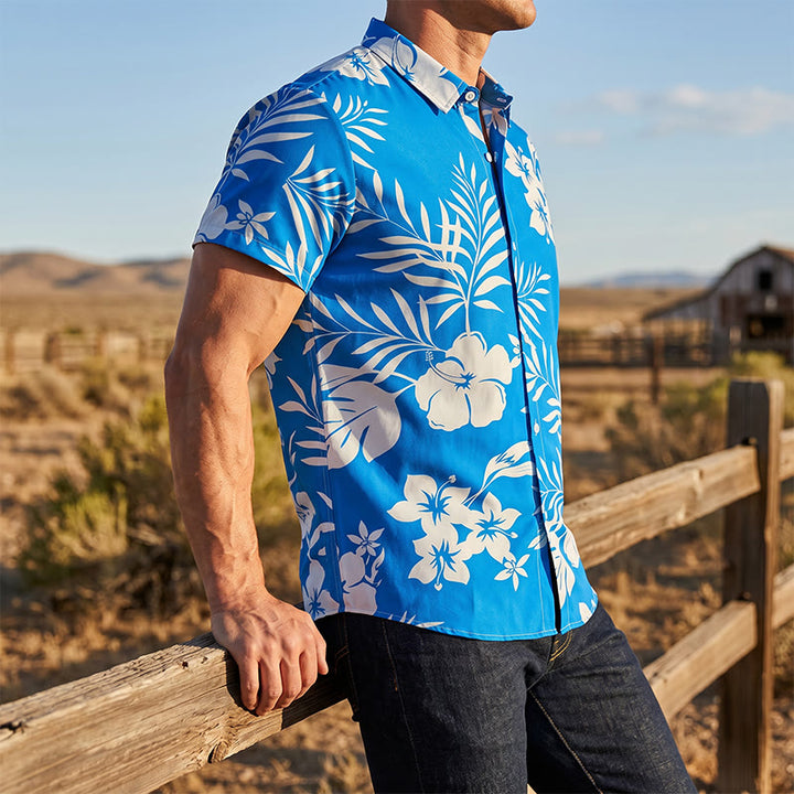 Men's Summer Vacation Flower Leaf Print Relaxed Shirt - Sky Blue - 5XL - image 0