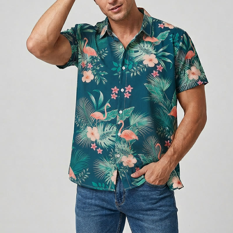 Men's Flamingo Palm Leaf Floral Print Relaxed Summer Beach Casual Shirts - image 1