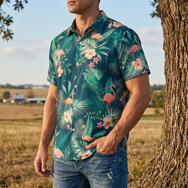Men's Flamingo Palm Leaf Floral Print Relaxed Summer Beach Casual Shirts - Dark Green - 5XL - image 0