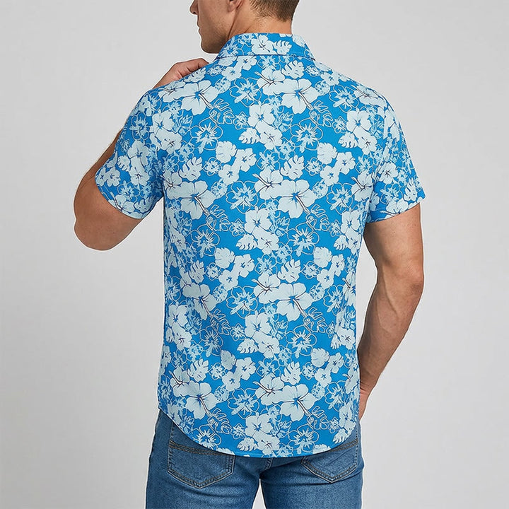 Men's Two-Tone Blue Hibiscus Floral Print Casual Beach Shirts - image 3
