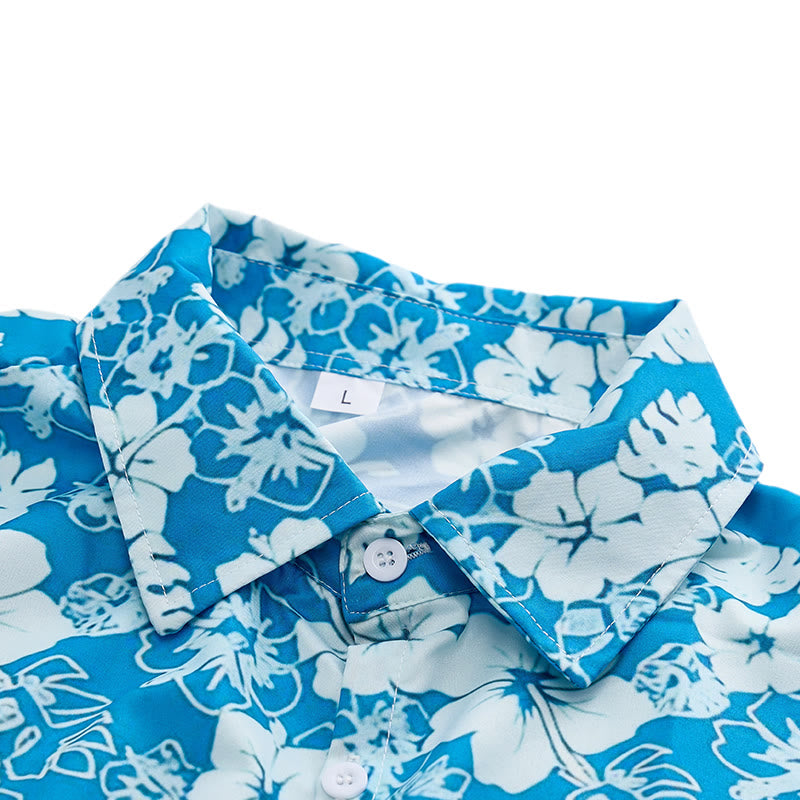 Men's Two-Tone Blue Hibiscus Floral Print Casual Beach Shirts - image 4
