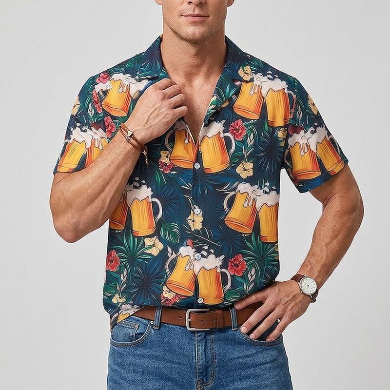 Men's Beer Mug Tropical Palm Floral Print Casual Hawaiian Shirts - image 1