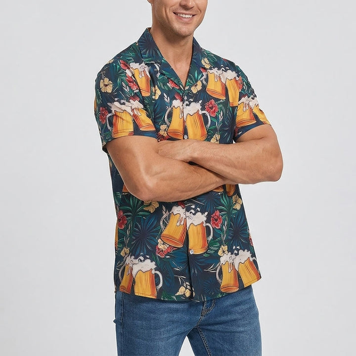 Men's Beer Mug Tropical Palm Floral Print Casual Hawaiian Shirts - image 2