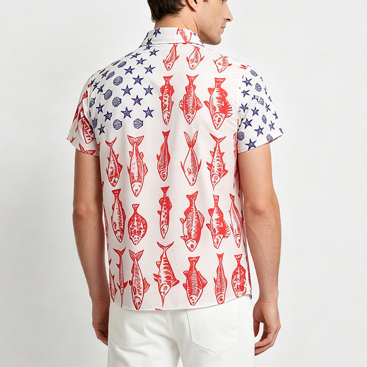 Patriotic American Flag & Fish Print Short Sleeve Shirt - image 3