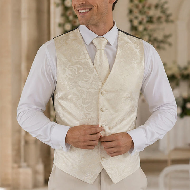 Men's All-match Paisley Pattern Waistcoat 4-in-1 Outfit Set Suit Vest - Ivory White - 3XL - image 4
