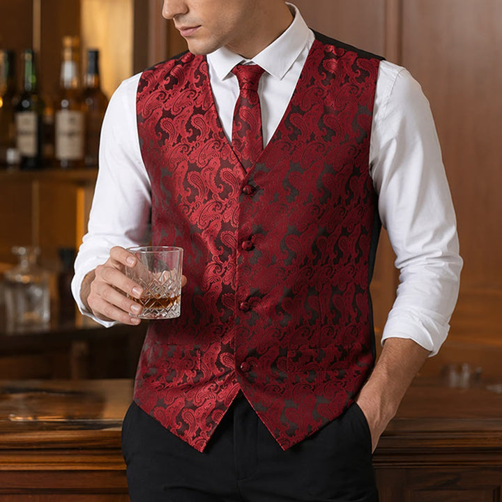 Men's All-match Paisley Pattern Waistcoat 3-in-1 Outfit Set Suit Vest - Wine - 3XL - image 0