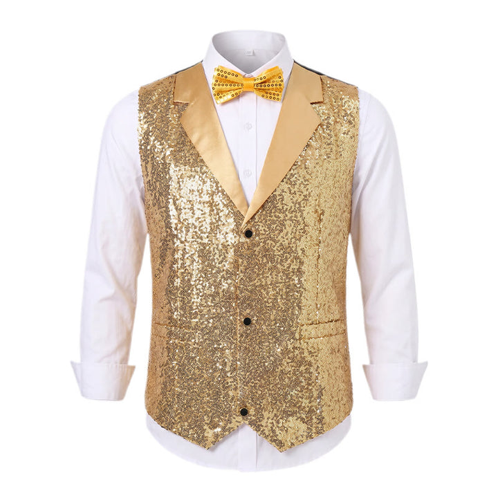 2Pcs Men's Gold Sequin Glitter Party Suit Vest With Bow Tie - image 10