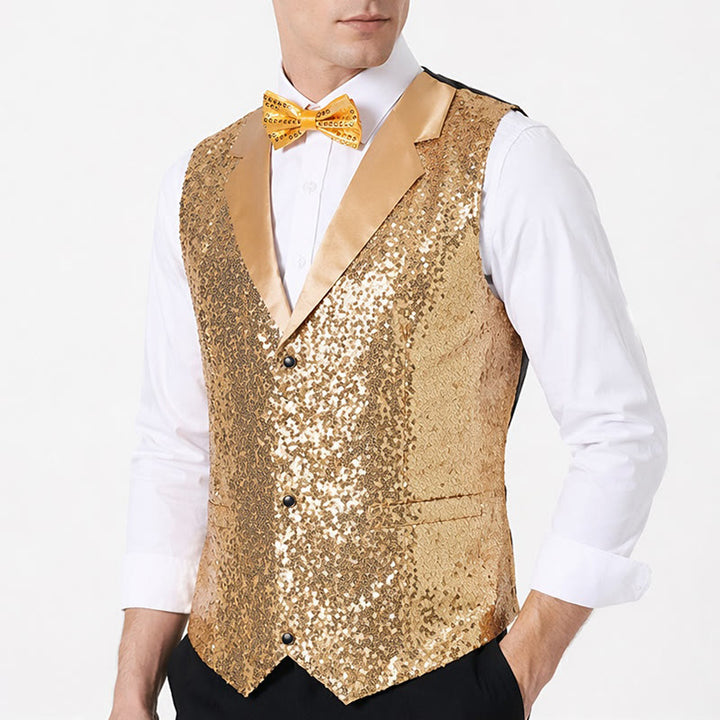 2Pcs Men's Gold Sequin Glitter Party Suit Vest With Bow Tie - image 3