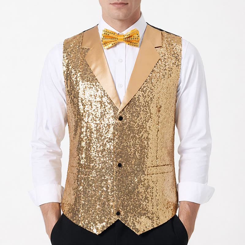 2Pcs Men's Gold Sequin Glitter Party Suit Vest With Bow Tie - image 1