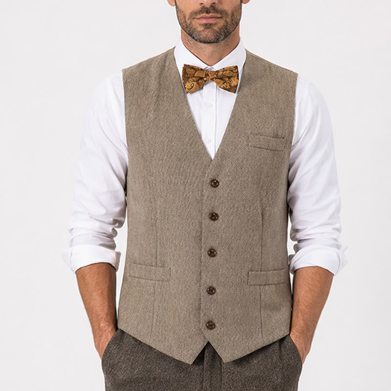 2Pcs Men's Rustic Khaki Formal Suit Vest With Paisley Bow Tie - image 1