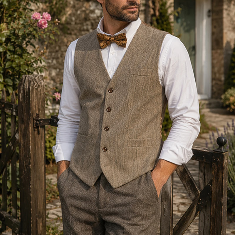 2Pcs Men's Rustic Khaki Formal Suit Vest With Paisley Bow Tie - Khaki - 2XL - image 0