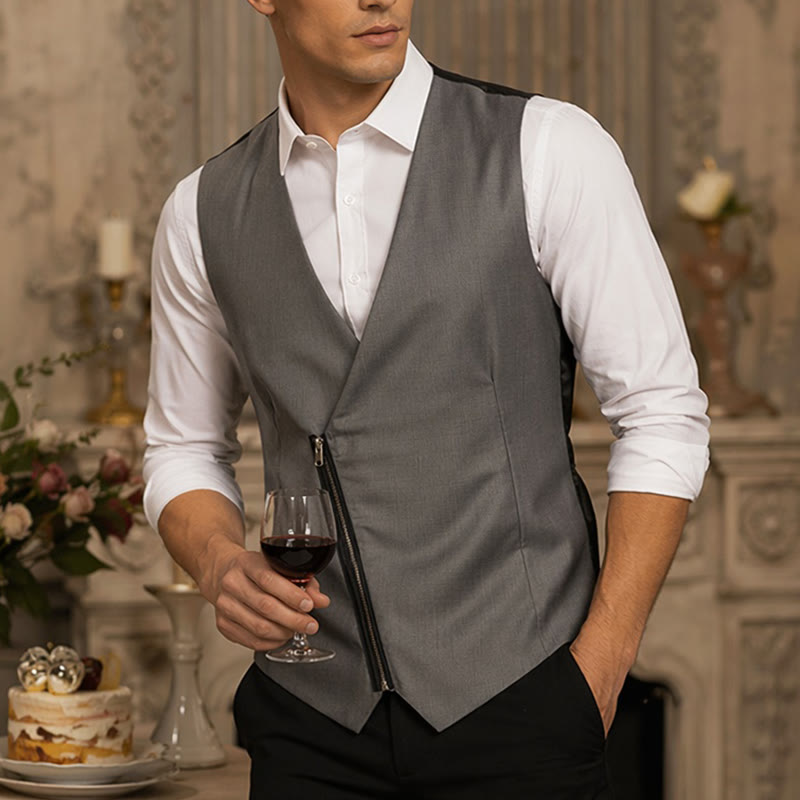Men's Modern V-Neck Asymmetric Zipper Suit Vest - Dark Gray - 2XL - image 0