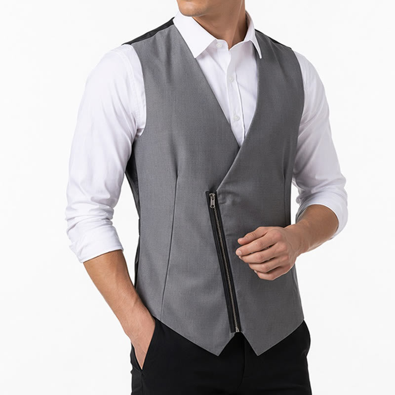 Men's Modern V-Neck Asymmetric Zipper Suit Vest - image 2