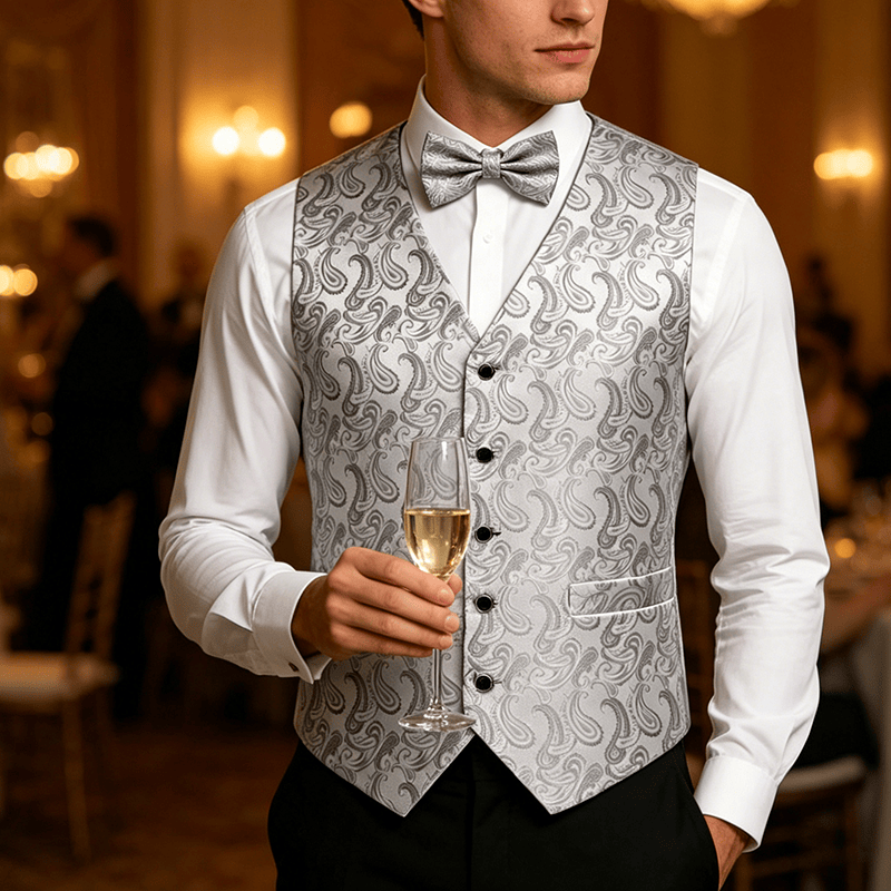 Men's Paisley Floral Jacquard With Bow Tie Suit Vest - White&Silver - 3XL - Contain Free Bow Tie - image 5