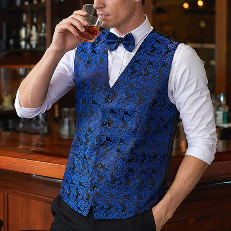 Men's Paisley Floral Jacquard With Bow Tie Suit Vest - Black&Royal Blue - 3XL - Contain Free Bow Tie - image 0
