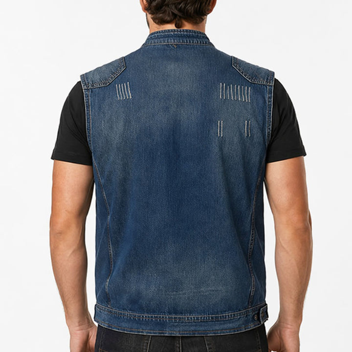 Men's Urban Rebel Zipper Biker Style Washed Denim Vest - image 2