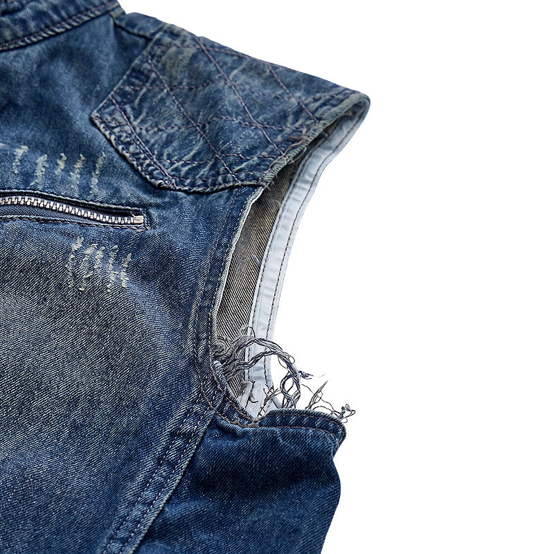 Men's Urban Rebel Zipper Biker Style Washed Denim Vest - image 7