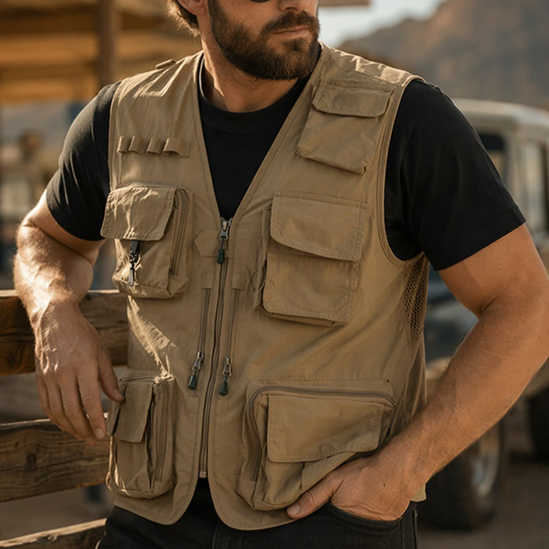 Multi-Pocket Lightweight Mesh Lined Utility Fishing Vest - Khaki - 7XL - image 0