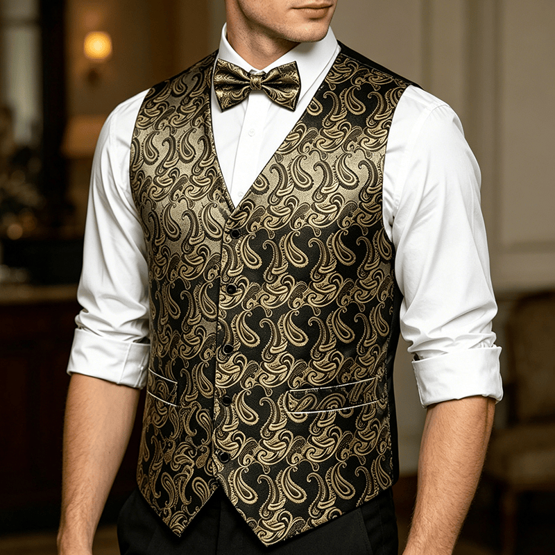 Men's Paisley Floral Jacquard With Bow Tie Suit Vest - Black&Golden - 3XL - Contain Free Bow Tie - image 4