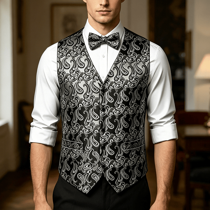 Men's Paisley Floral Jacquard With Bow Tie Suit Vest - Black&Silver - 3XL - Contain Free Bow Tie - image 6
