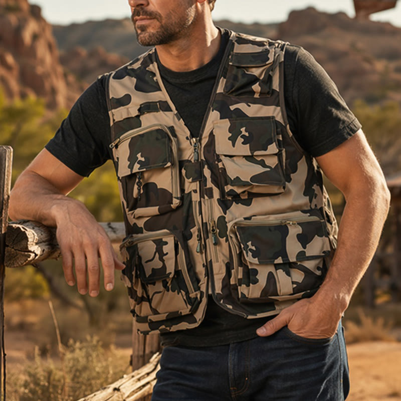 Camo Hunting Multi-Pocket Lightweight Mesh Lined Utility Vest - Khaki Camo - 7XL - image 0