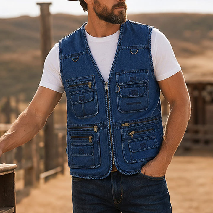Vintage Multi-Zip Techwear Sleeveless Denim Vest - Blue - 4XL - image 4