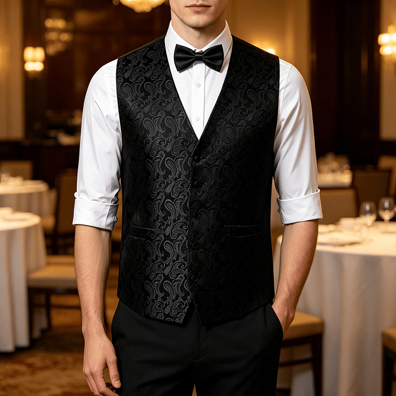 Men's Paisley Floral Jacquard With Bow Tie Suit Vest - Black - 3XL - Contain Free Bow Tie - image 8