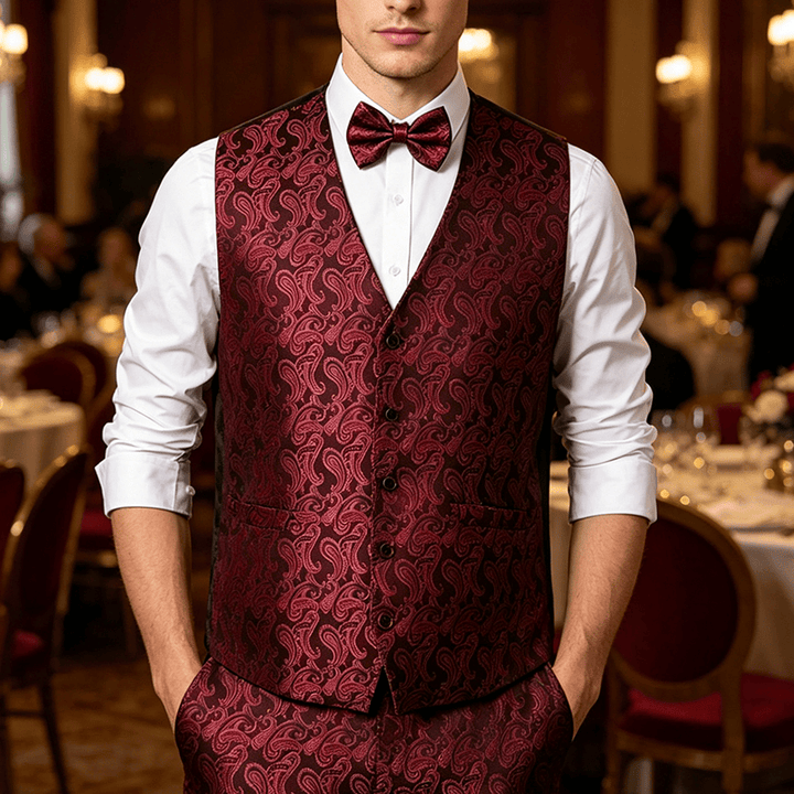 Men's Paisley Floral Jacquard With Bow Tie Suit Vest - Black&Red - 3XL - Contain Free Bow Tie - image 7