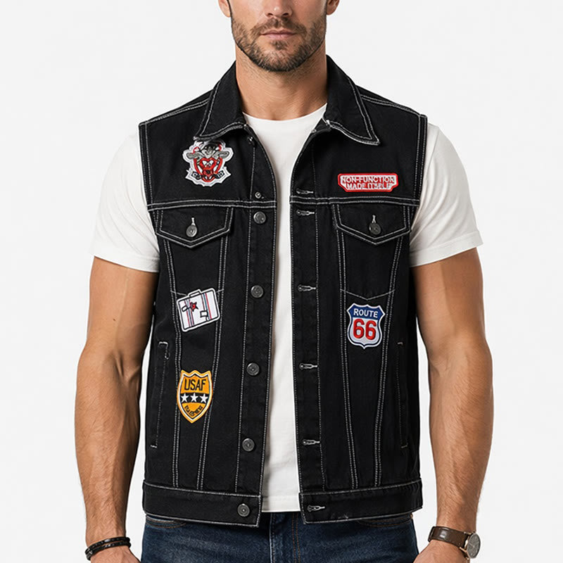Highway Rebel Patchwork Black Denim Vest - image 1