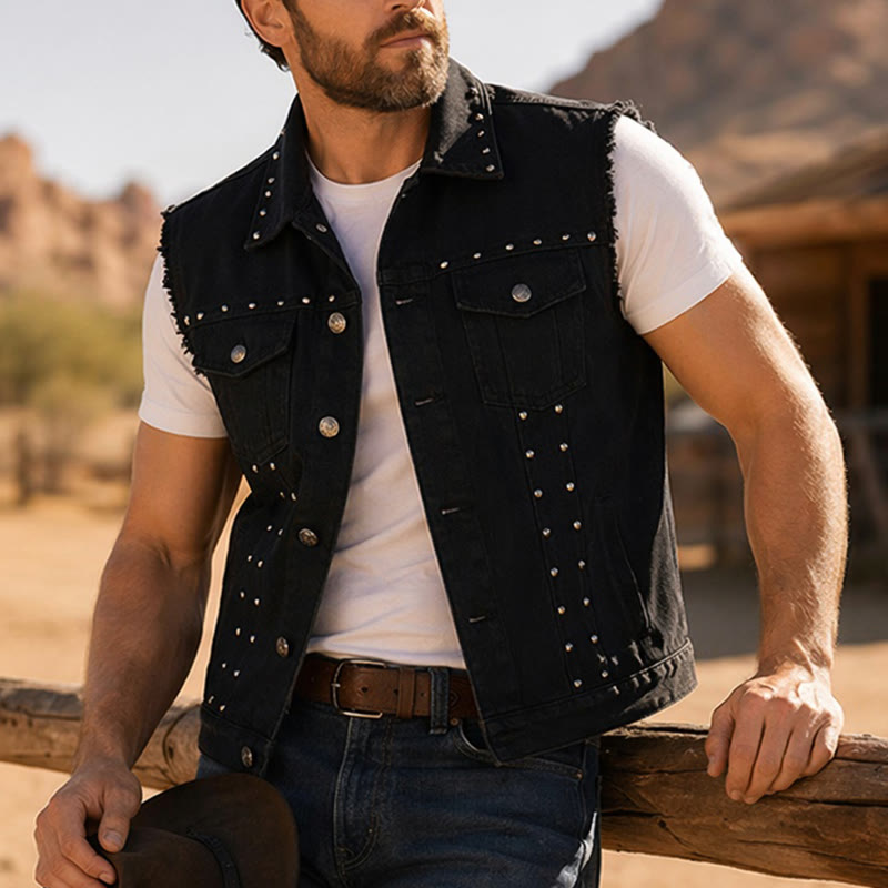 Spiked Collar Punk Rock Studded Black Denim Vest - Black - 6XL - image 0