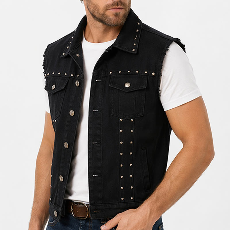 Spiked Collar Punk Rock Studded Black Denim Vest - image 1