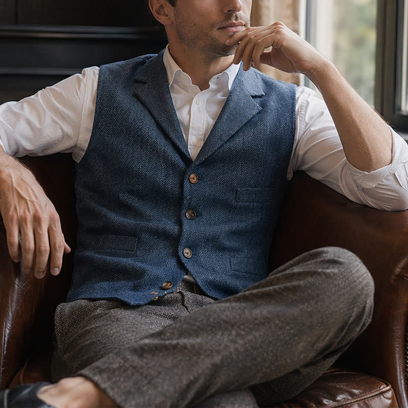 Men's Herringbone Suit Lape with Decorative Chain Suit Vest - Blue - 4XL - image 16