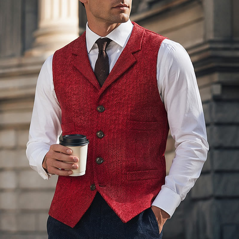 Men's Herringbone Suit Lape with Decorative Chain Suit Vest - Red - 4XL - image 6
