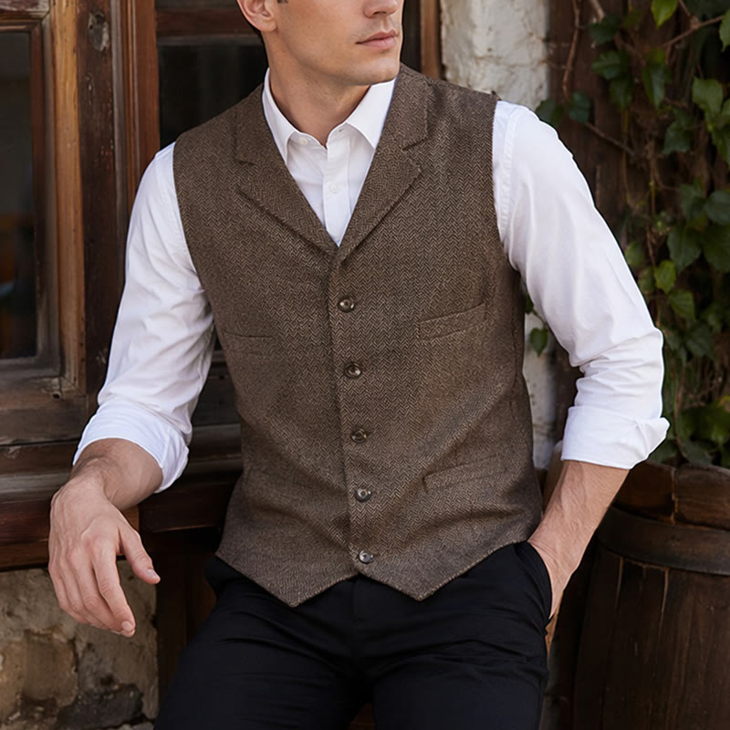 Men's Herringbone Suit Lape with Decorative Chain Suit Vest - Dark Brown - 4XL - image 0