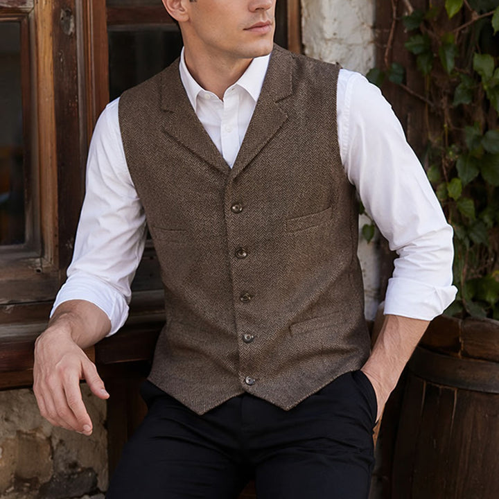 Men's Herringbone Suit Lape with Decorative Chain Suit Vest - Dark Brown - 4XL - image 0