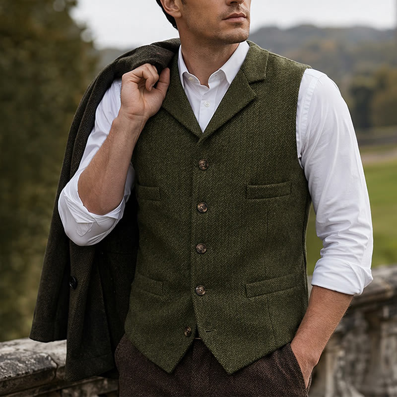 Men's Herringbone Suit Lape with Decorative Chain Suit Vest - Army Green - 4XL - image 14