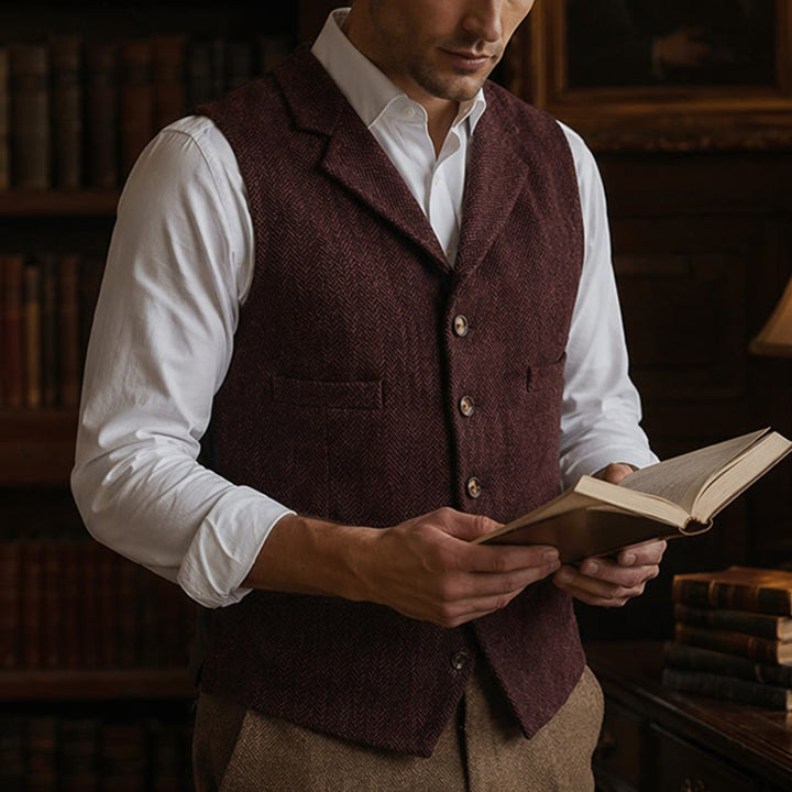 Men's Herringbone Suit Lape with Decorative Chain Suit Vest - Wine - 4XL - image 14