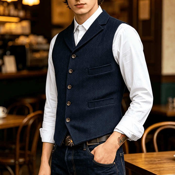 Men's Herringbone Suit Lape with Decorative Chain Suit Vest - Navy Blue - 4XL - image 8