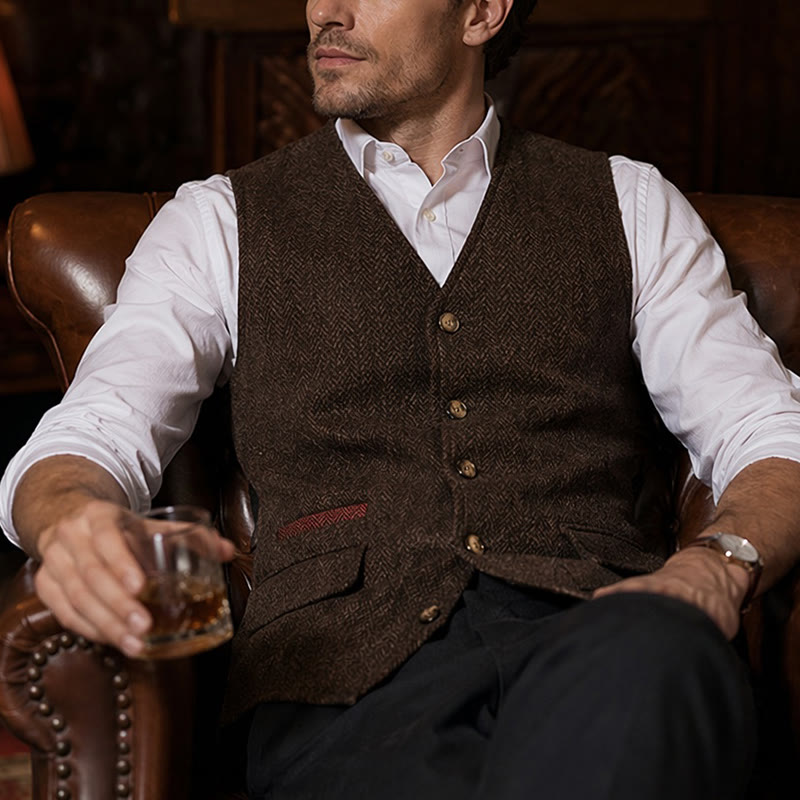 Men's British Herringbone Thick Casual Suit Vest - Dark Brown - 3XL - image 16