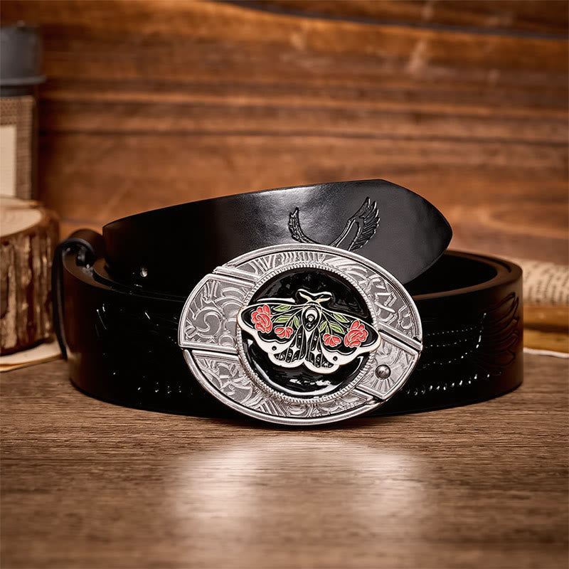 Rose Moth Gothic DIY Hidden Folding Knife Buckle Leather Belt - Rose Moth - Black Embossed Eagle Belt - 42 - image 2