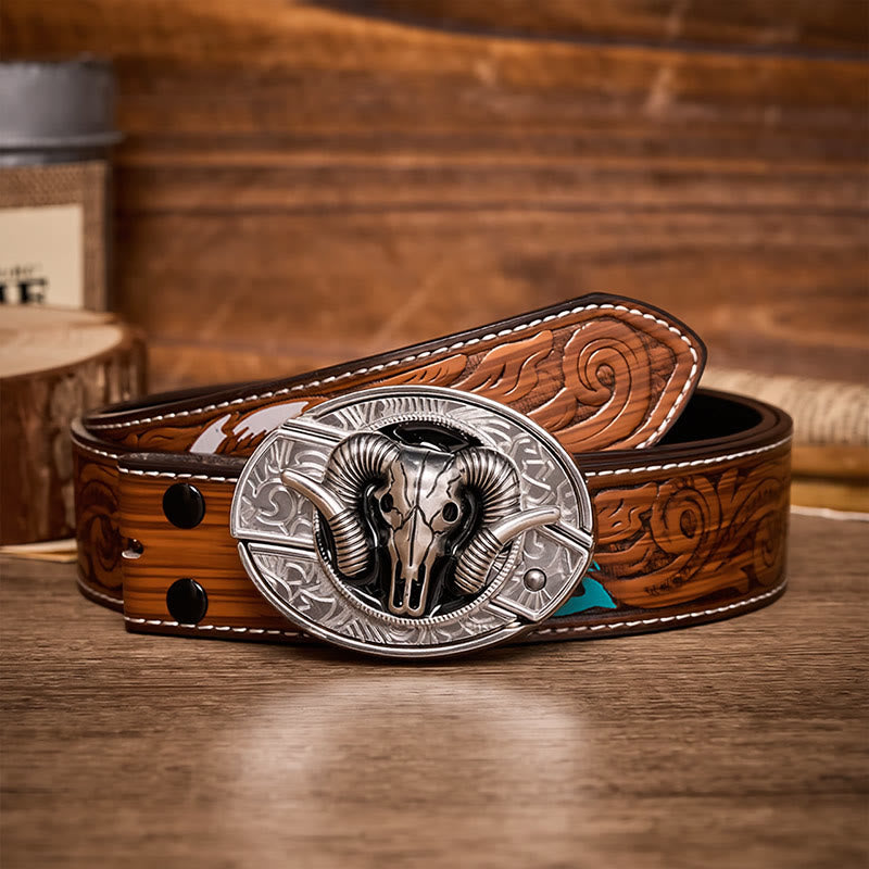 Dark Horned Ram Skull DIY Hidden Folding Knife Buckle Leather Belt - Ram Skull - Brown Feather Belt - 40 - image 7