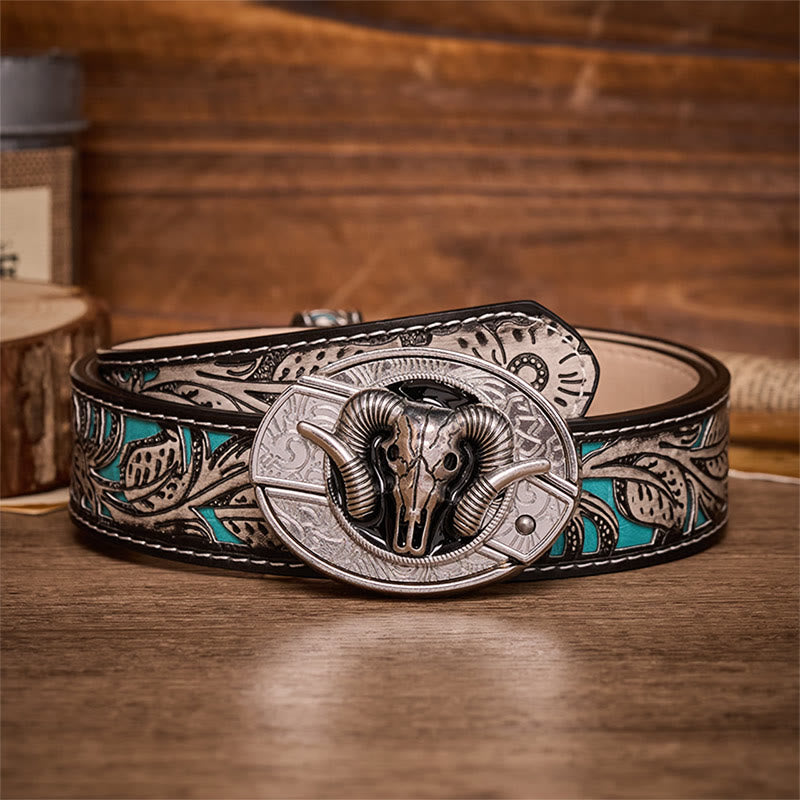 Dark Horned Ram Skull DIY Hidden Folding Knife Buckle Leather Belt - Ram Skull - Gray Floral Belt - 42 - image 8