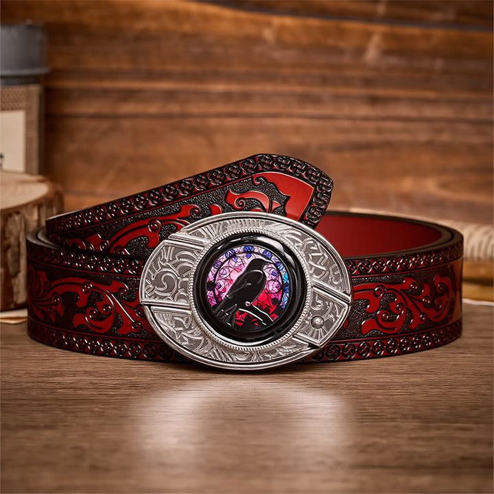 Witchy Raven DIY Hidden Folding Knife Buckle Leather Belt - Raven - Brown Carved Belt - 42 - image 6