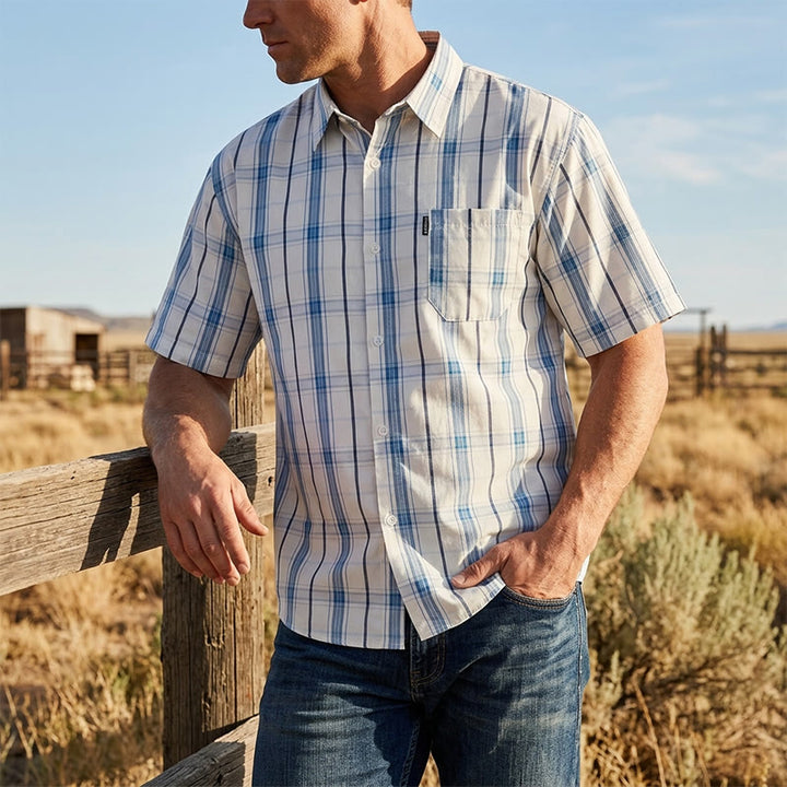 Classic Cream Base Stripe Plaid Shirt For Daily Office Wear - Blue - 3XL - image 0