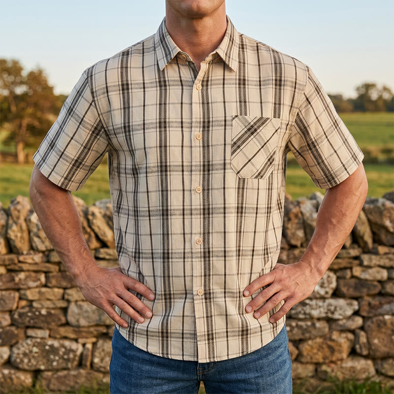 Classic Cream Base Stripe Plaid Shirt For Daily Office Wear - Brown - 3XL - image 4