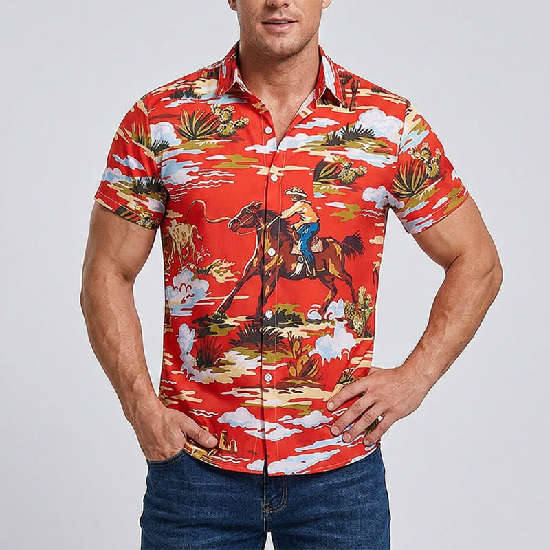 Red Wild West Desert Cowboy & Cactus Art Print Shirt - image 1
